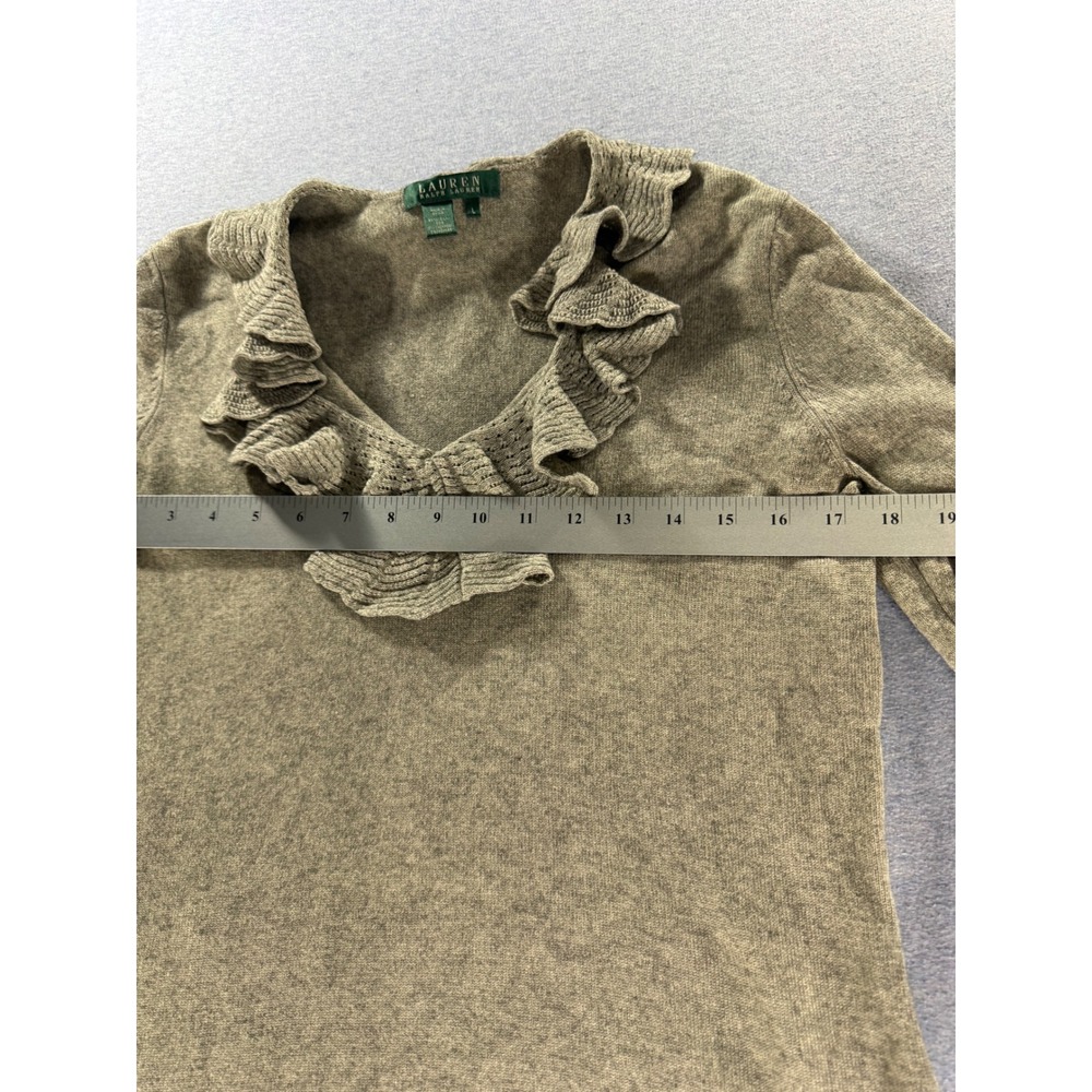 Lauren Ralph Lauren Vintage 90s Silk Cashmere Ruffle Neck Sweater Olive Green L - Picture 6 of 6